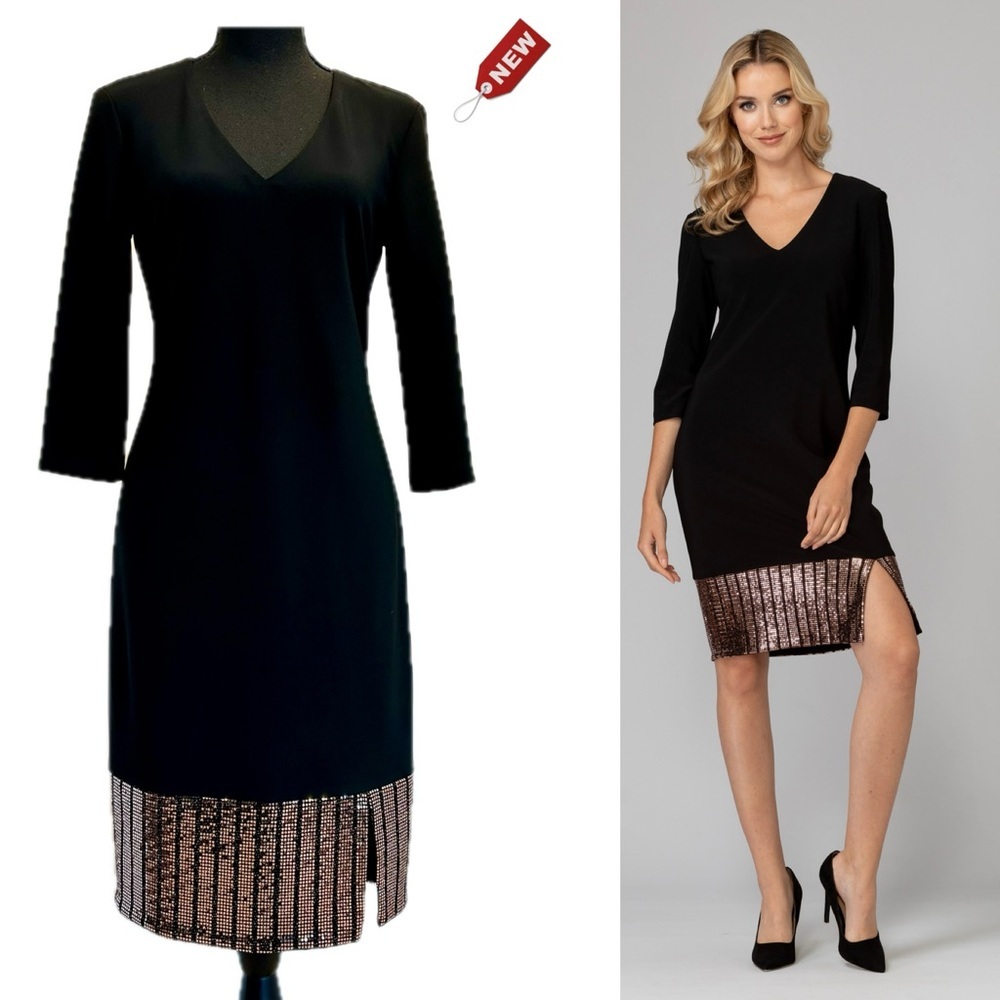 Joseph Ribkoff black V-neck sheath dress metallic Rose Gold sequin accents 6 NWT